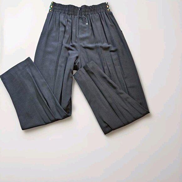 Emblem Pants Women 16 Black Waist Embroidery Tribal Elastic Zip Pleated Boho VTG - Picture 14 of 16